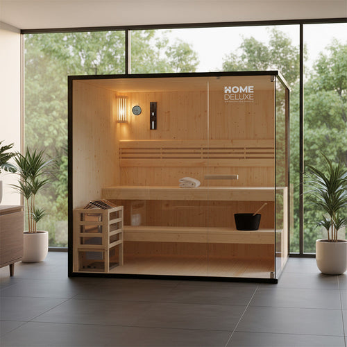 Gartana SHADOW XL Traditionelle Sauna mit Panoramaglasfront und schwarzem Rahmen