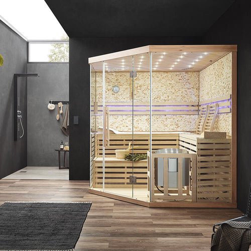 Gartana SKYLINE BIG XL Sauna mit beleuchteter Kunststeinwand und Glasfront
