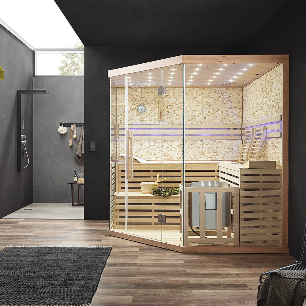 Gartana SKYLINE BIG XL Sauna mit beleuchteter Kunststeinwand und Glasfront